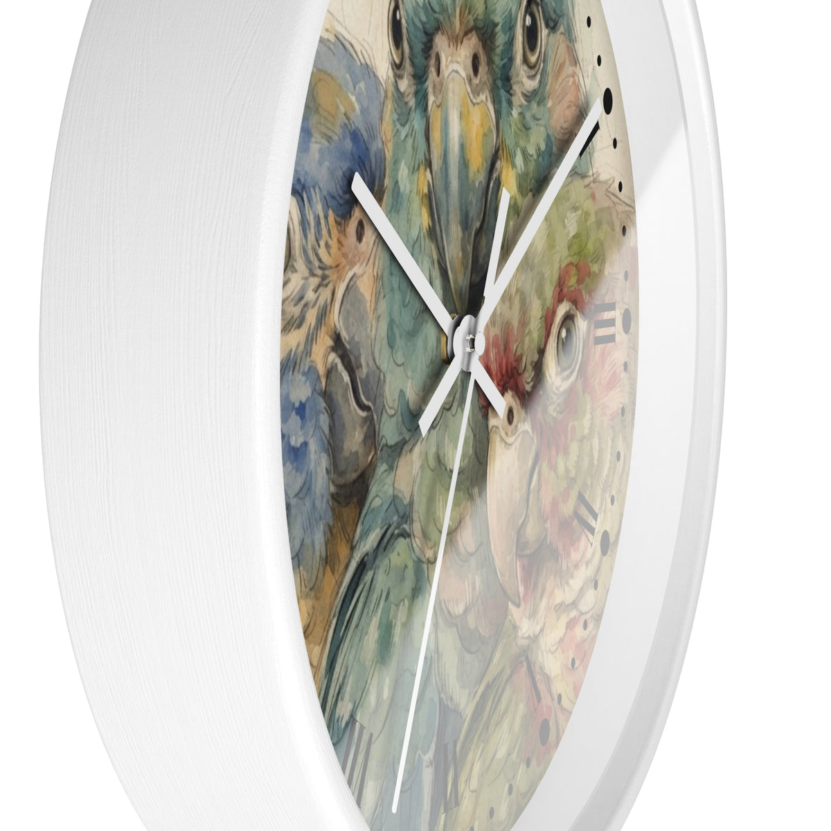 A round white wall clock with a detailed bird illustration on the face, featuring white clock hands and black Roman numerals, shown against a plain white background.