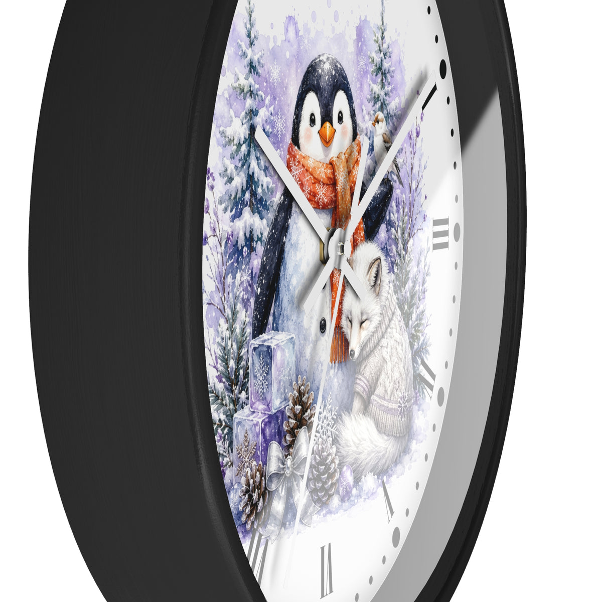 Winter Penguin & Fox Wall Clock – Festive Snowy Forest Decor