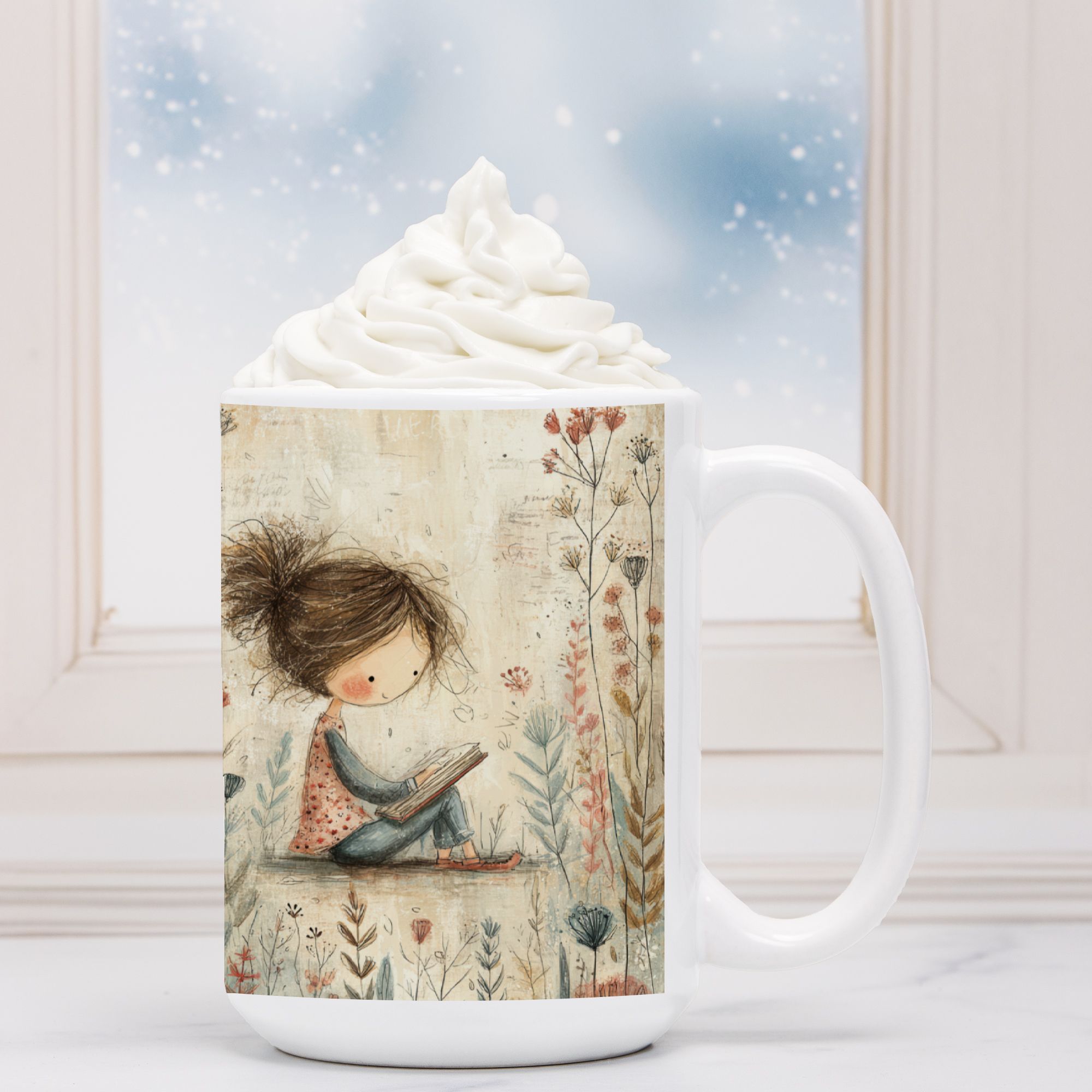 Mug with an illustration of a girl reading a book surrounded by flowers, filled with hot chocolate.