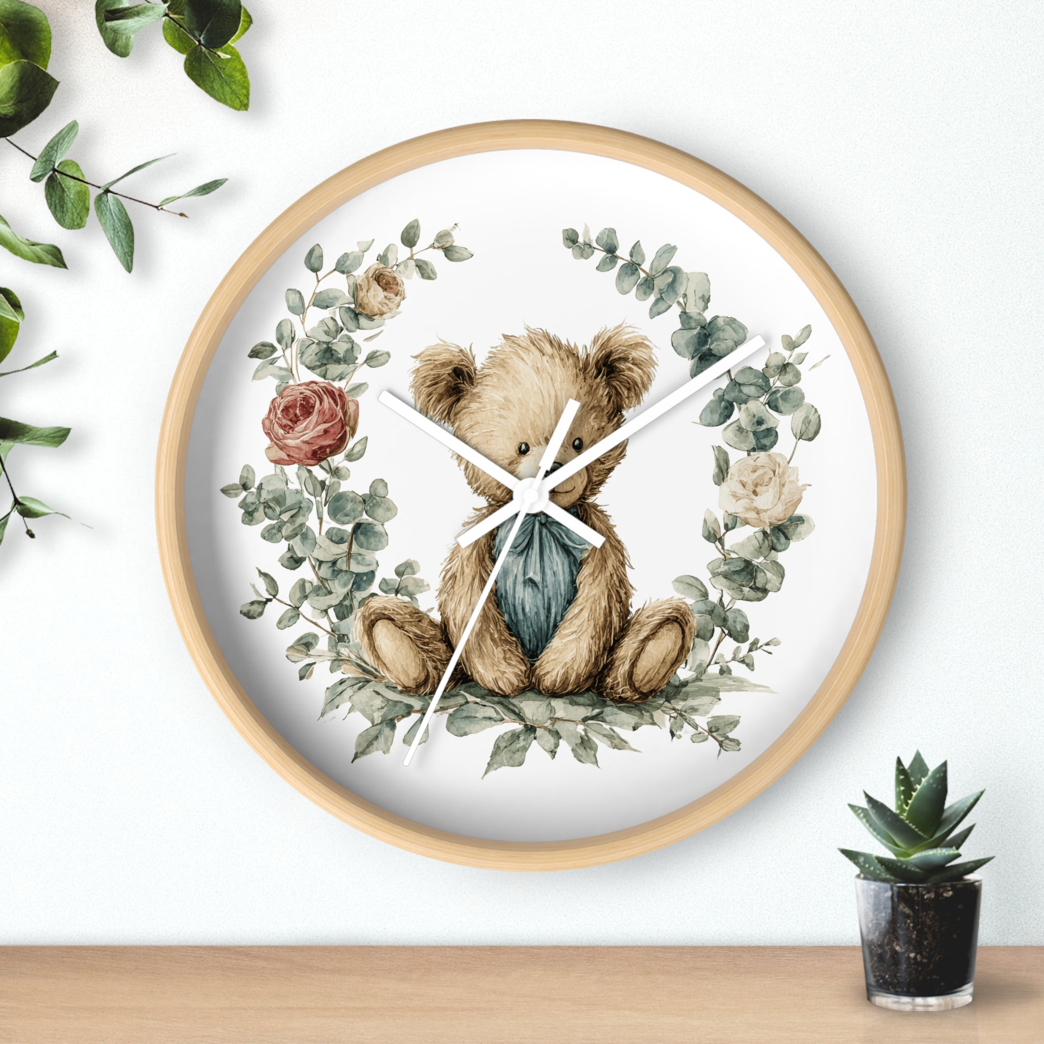 Teddy Bear Floral Wall Clock - Multiple Colors — Nursery Decor Clock with Soft Vintage Illustration