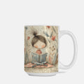 Mug with a design of a girl reading a book surrounded by flowers on a beige background