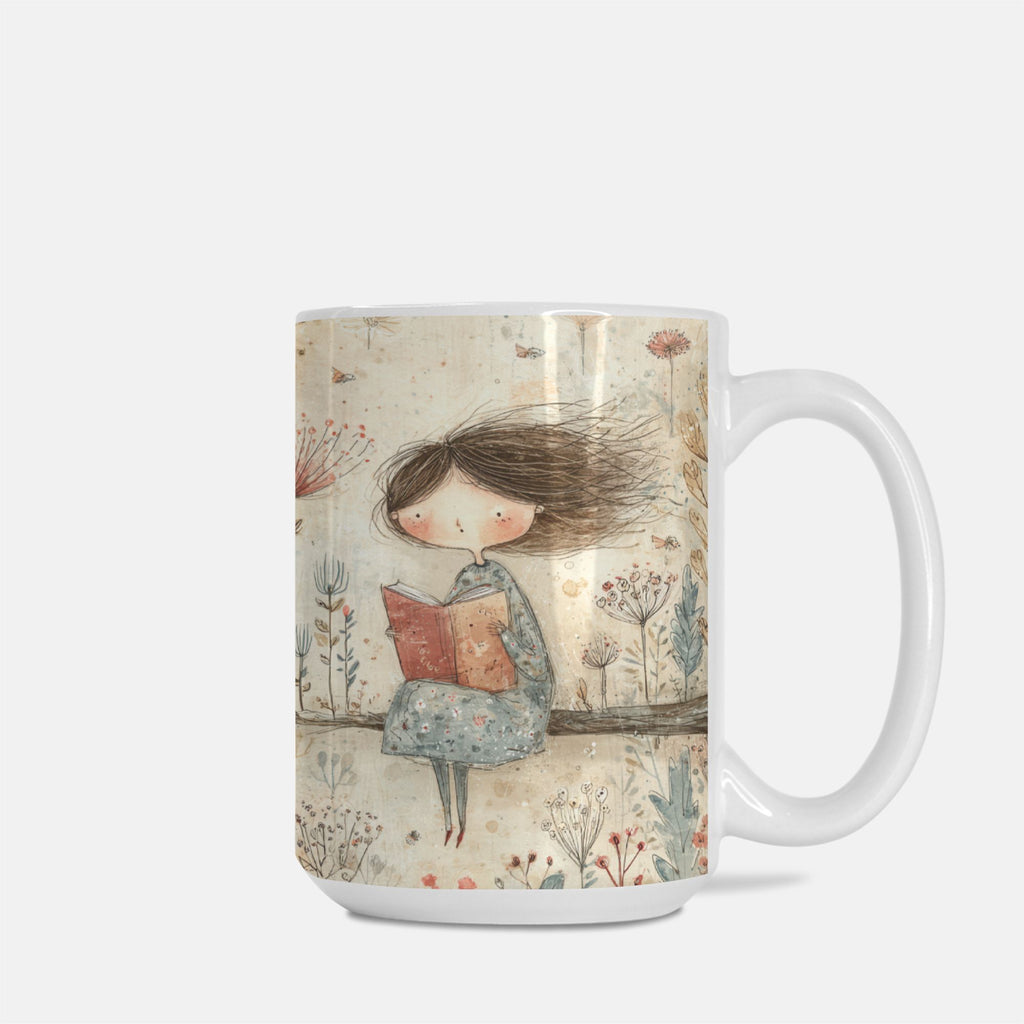 Mug with a design of a girl reading a book in a garden on a white background
