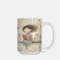 Mug with a design of a girl reading a book in a garden on a white background