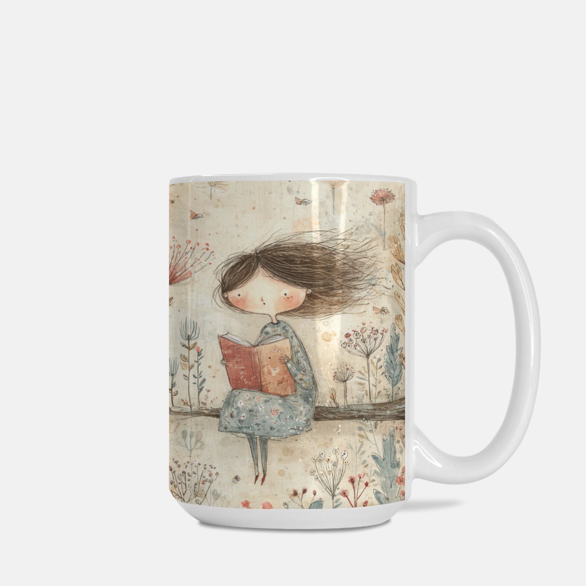 Mug with a design of a girl reading a book in a garden on a white background
