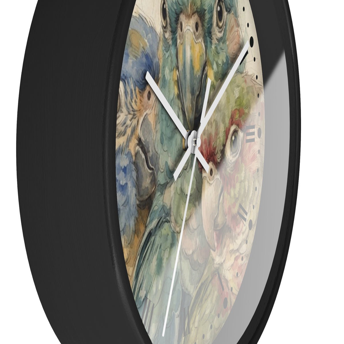 A close-up of a round wall clock with a black frame and a printed parrot illustration on the face. The clock has white hands and no visible numbers, shown against a plain white background.