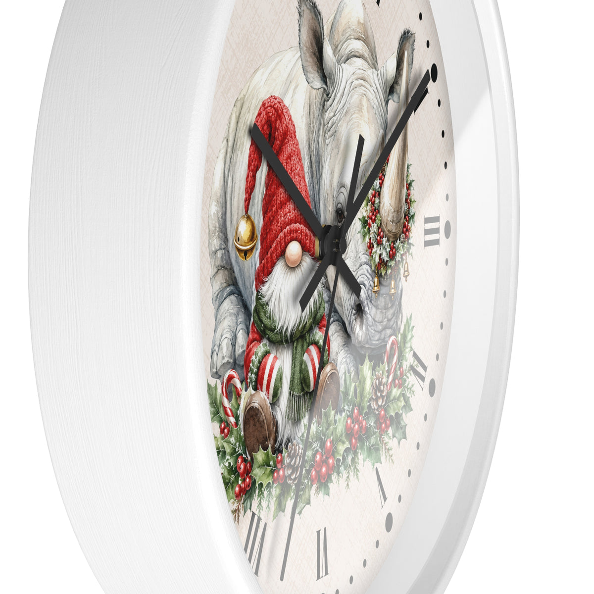 A round wall clock with a white frame and a festive printed face showing a white rhinoceros wearing a red Santa hat and green wreath, surrounded by candy canes, holly, and red berries. The clock has black hands and Roman numerals.