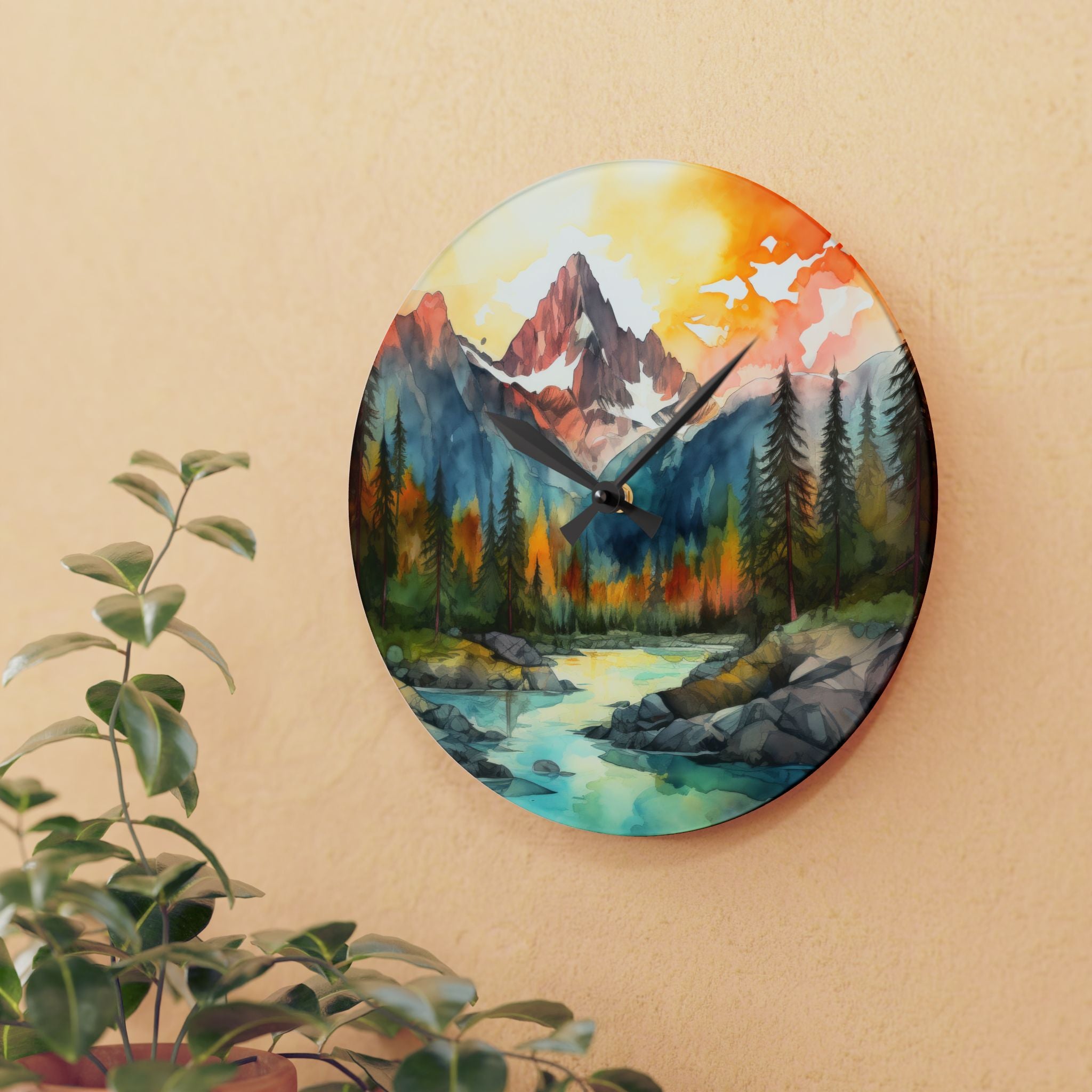 Mountain River Acrylic Wall Clock — Watercolor Landscape Home Decor