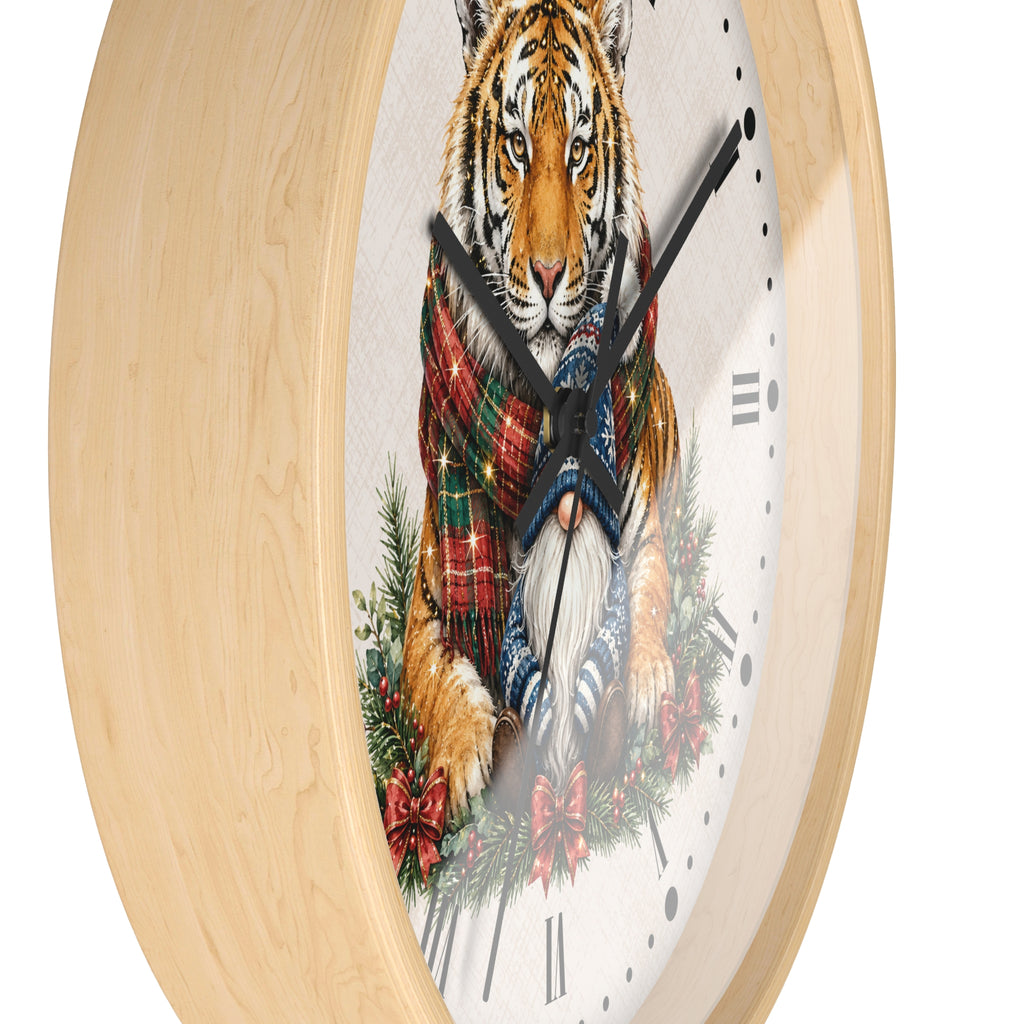 Tiger & Gnome Holiday Wall Clock — Festive Christmas Animal Home Decor