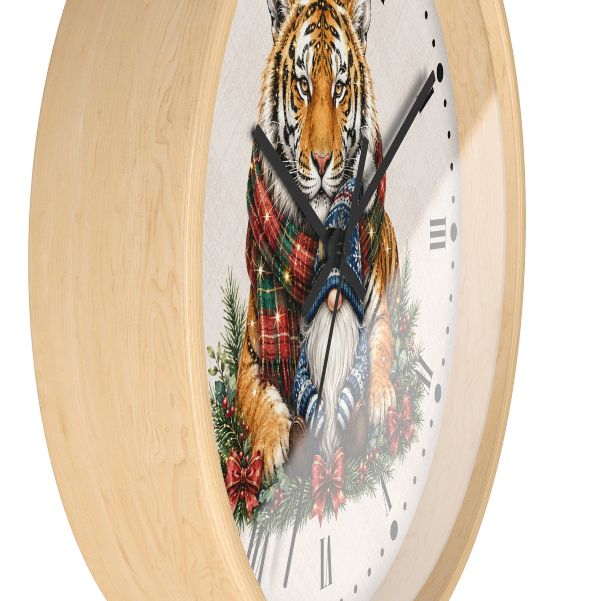 Tiger & Gnome Holiday Wall Clock — Festive Christmas Animal Home Decor
