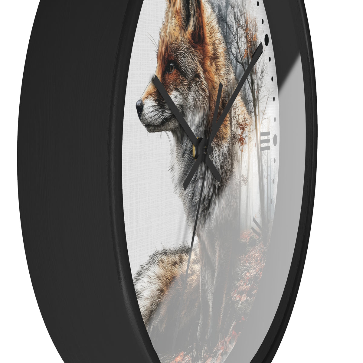 A round wall clock with a black frame and black hands, featuring a printed design of a fox in profile over a misty forest scene.