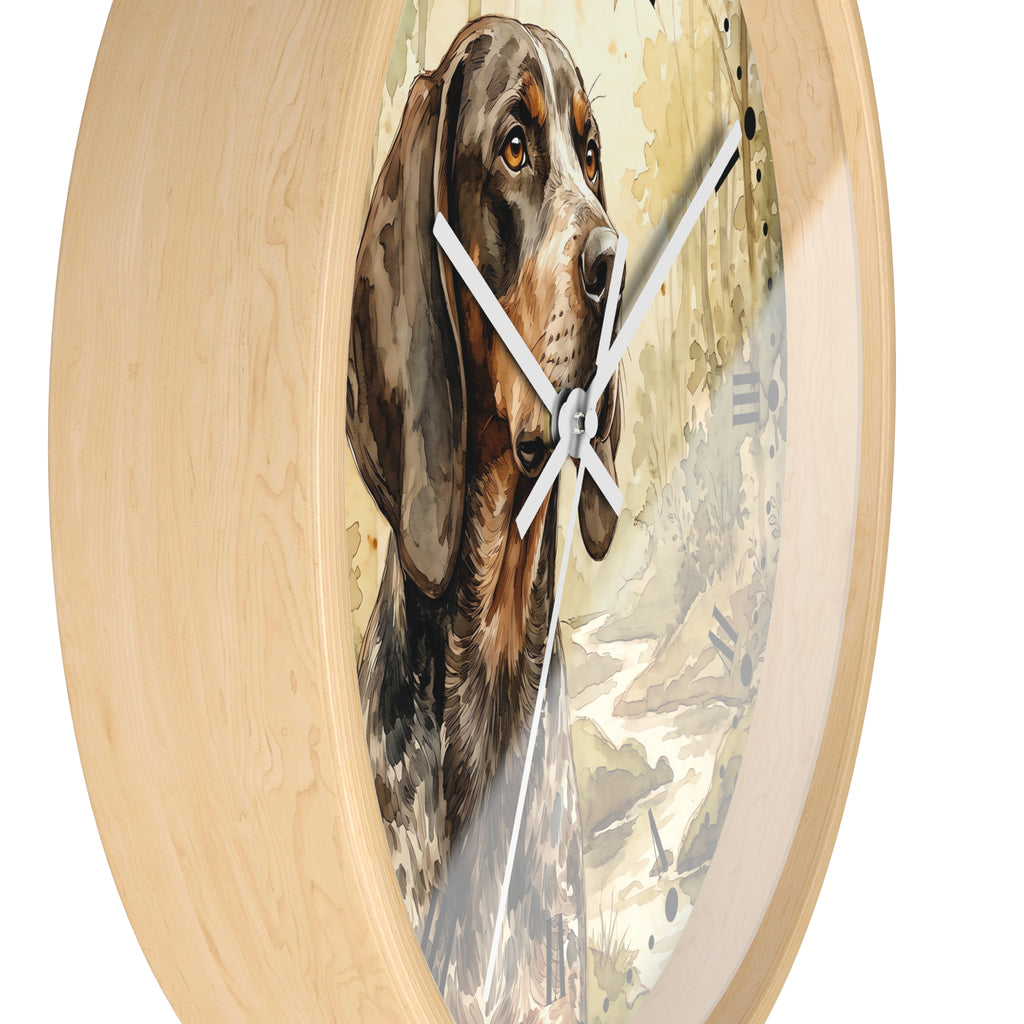 Round wall clock with a light natural wood frame and a printed illustration of a brown spotted hunting dog on the face, with white clock hands.