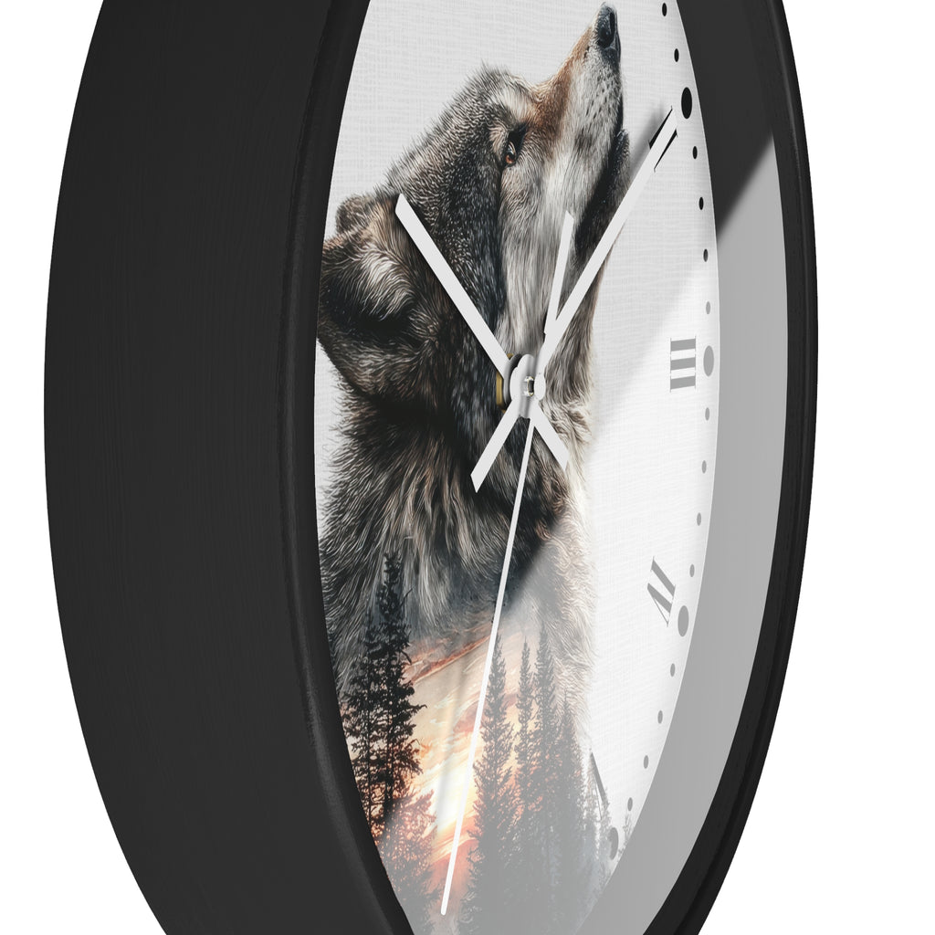 Wolf Sunset Wall Clock — Woodland Animal Art Decor