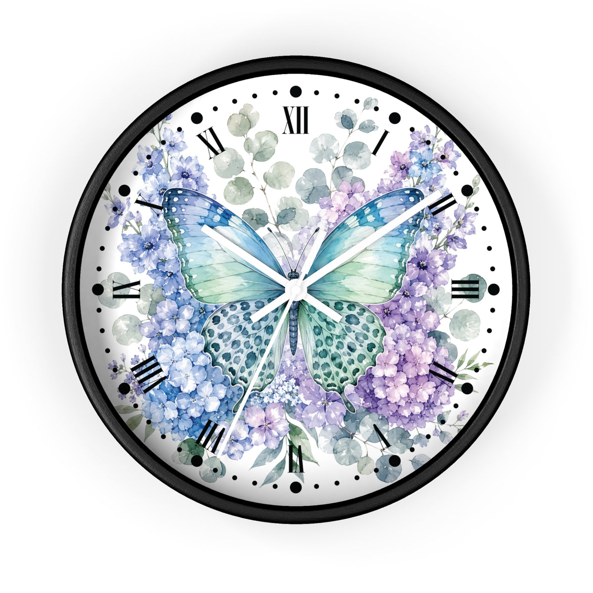 A round wall clock with a black frame and a white face featuring a watercolor-style blue and green butterfly surrounded by purple and lavender flowers, with black Roman numerals and clock hands.