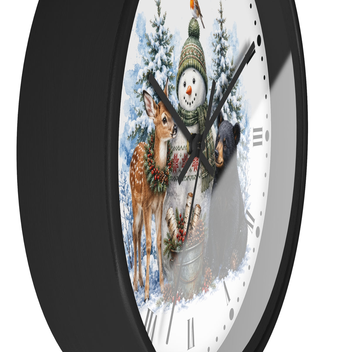 A round wall clock with a black frame and a white face featuring a winter holiday illustration of a snowman, deer, bear, and snowy trees.