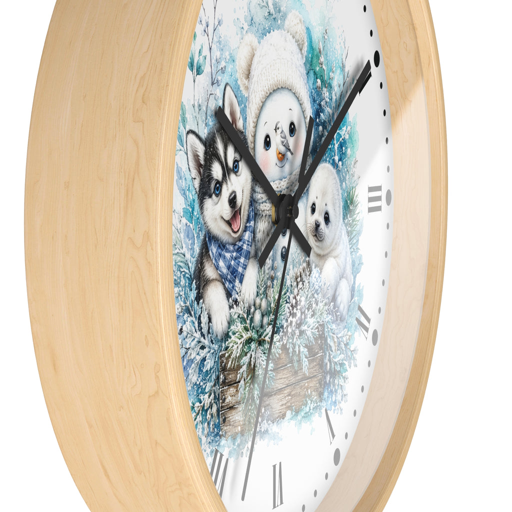 Winter Friends Wall Clock — Snowman, Husky & Seal Holiday Decor