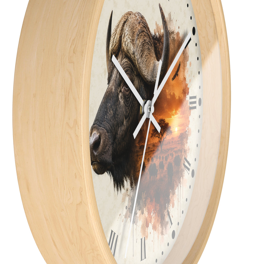 Round wall clock with a light natural wood frame and a printed face featuring a bison head over an orange sunset scene, with white hands and black Roman numerals.