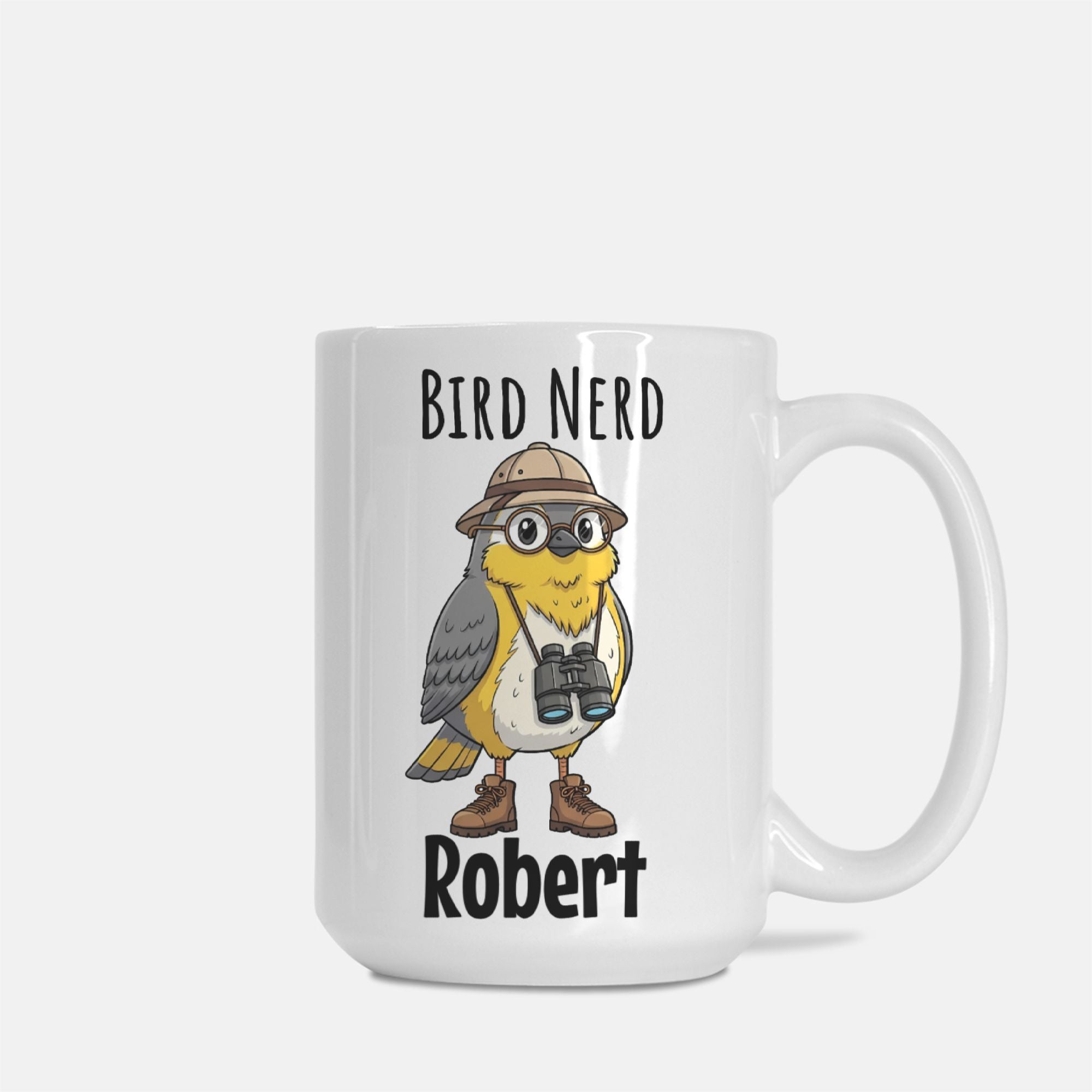 Mug with a bird design and text 'Bird Nerd Robert' on a white background