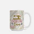 Mug with 'Sewing Diva' design featuring a sewing machine and thimble on a floral background.