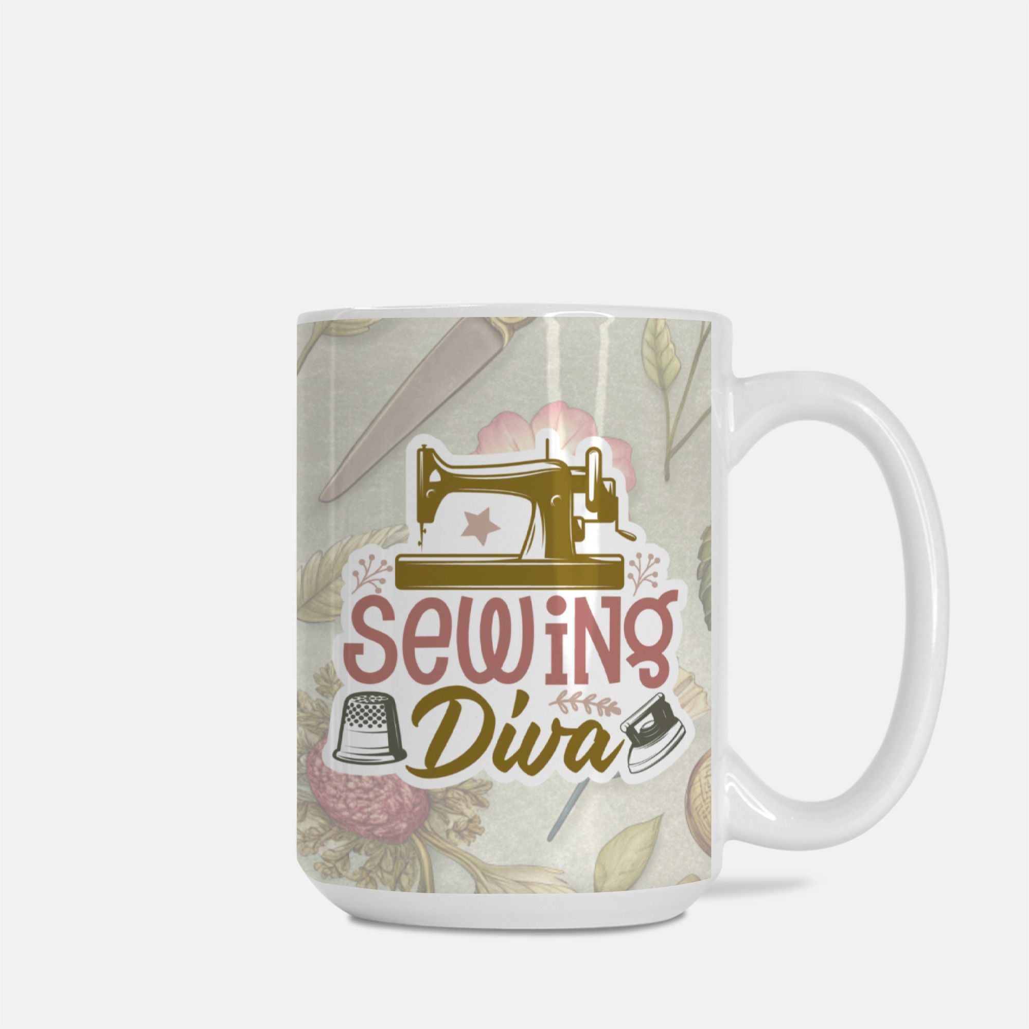 Mug with 'Sewing Diva' design featuring a sewing machine and thimble on a floral background.