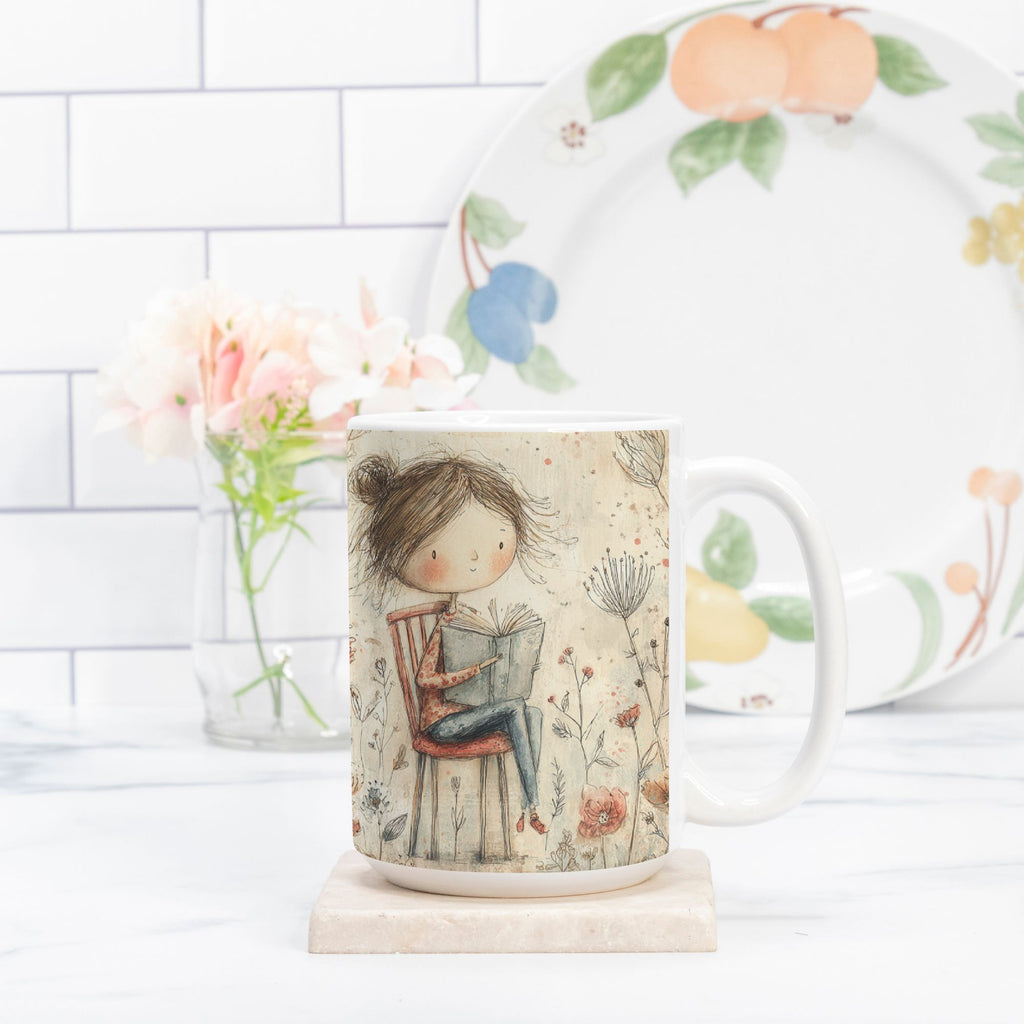 Mug with a design of a girl sitting on a chair, holding a book, with a plate featuring fruit illustrations in the background.