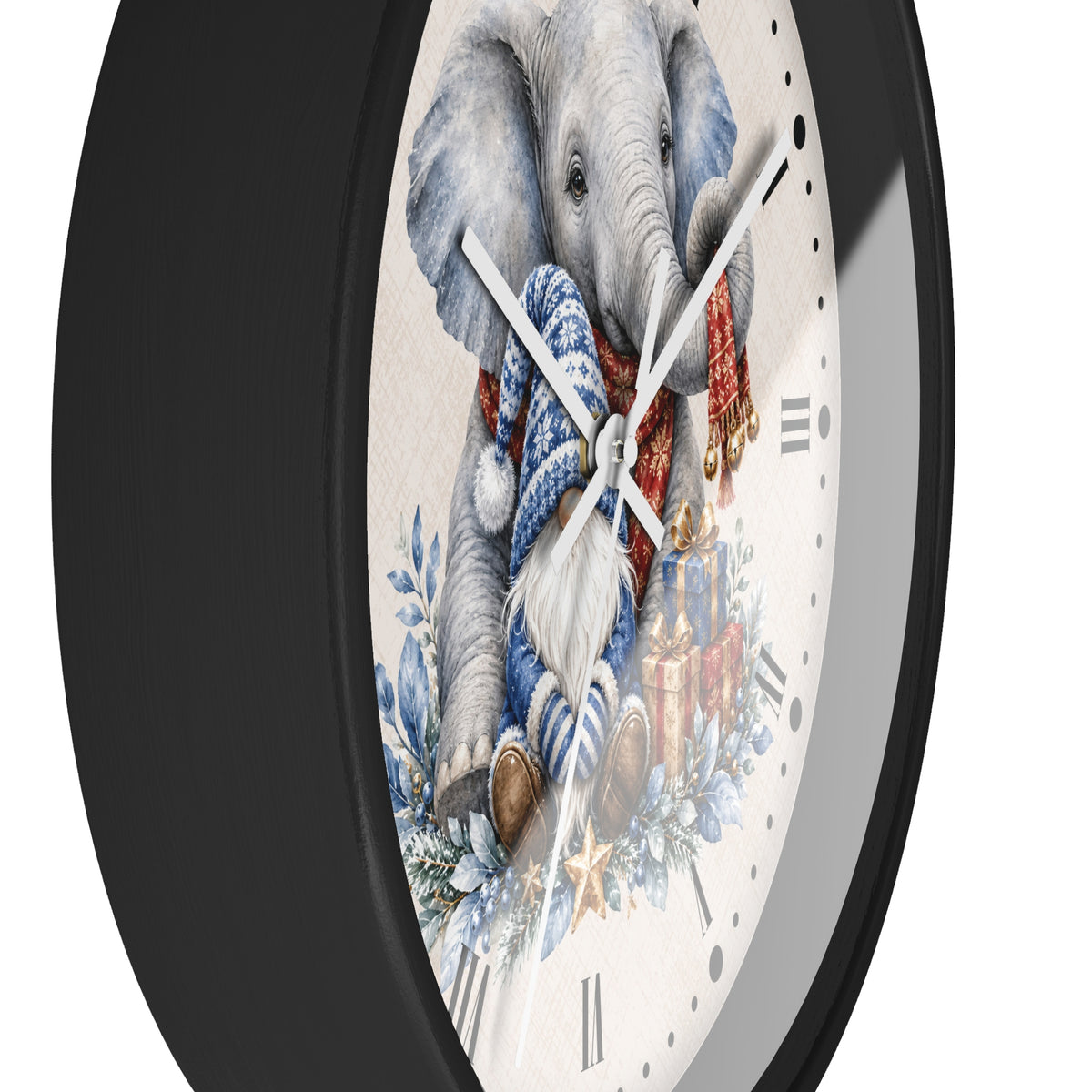 Elephant & Gnome Holiday Wall Clock —  Winter Animal Nursery Decor