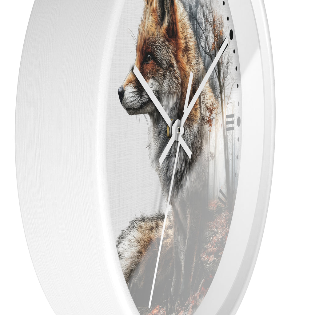 Oval wall clock with a white frame and a printed fox portrait on the face, shown against a plain white background.
