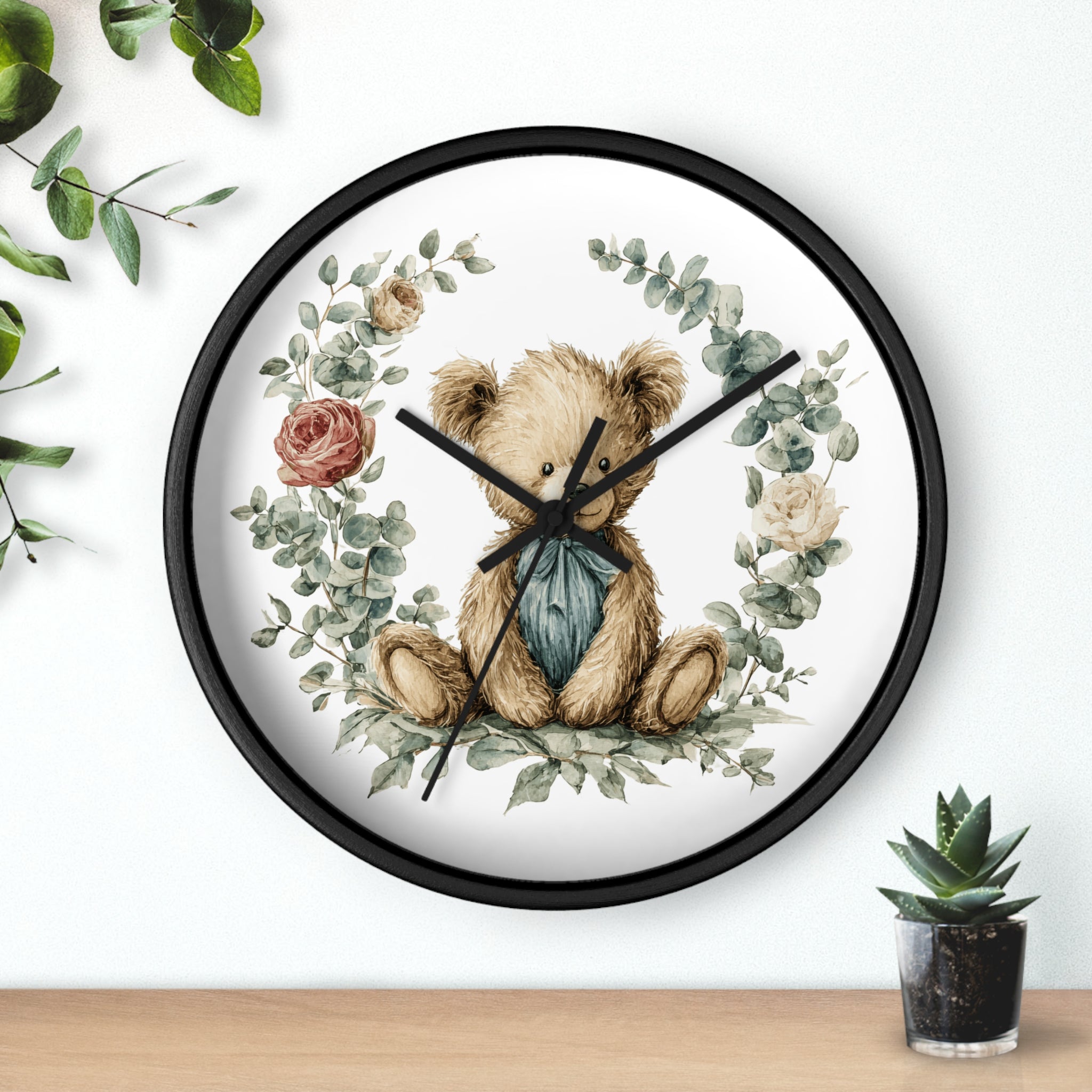Teddy Bear Floral Wall Clock - Multiple Colors — Nursery Decor Clock with Soft Vintage Illustration