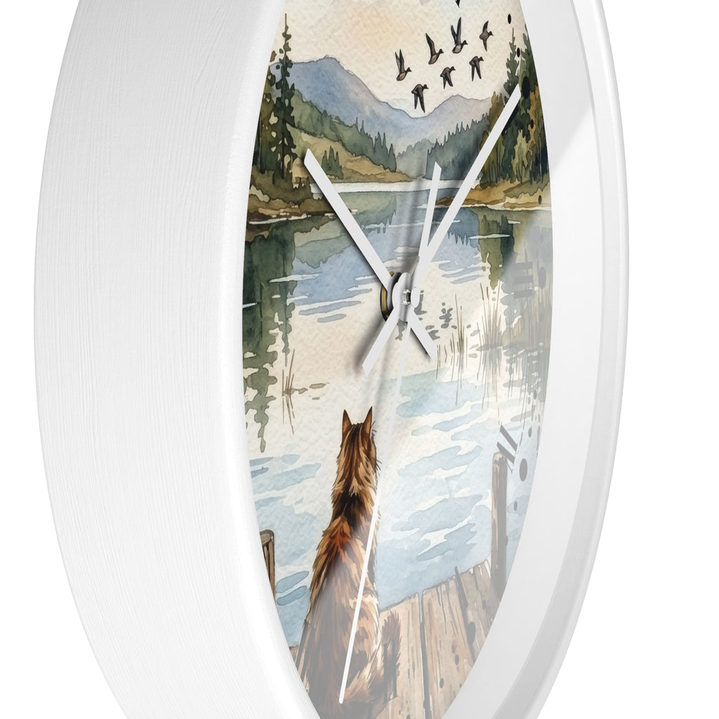 Lakefront Cat Watching Ducks Wall Clock —  Scenic Animal Decor