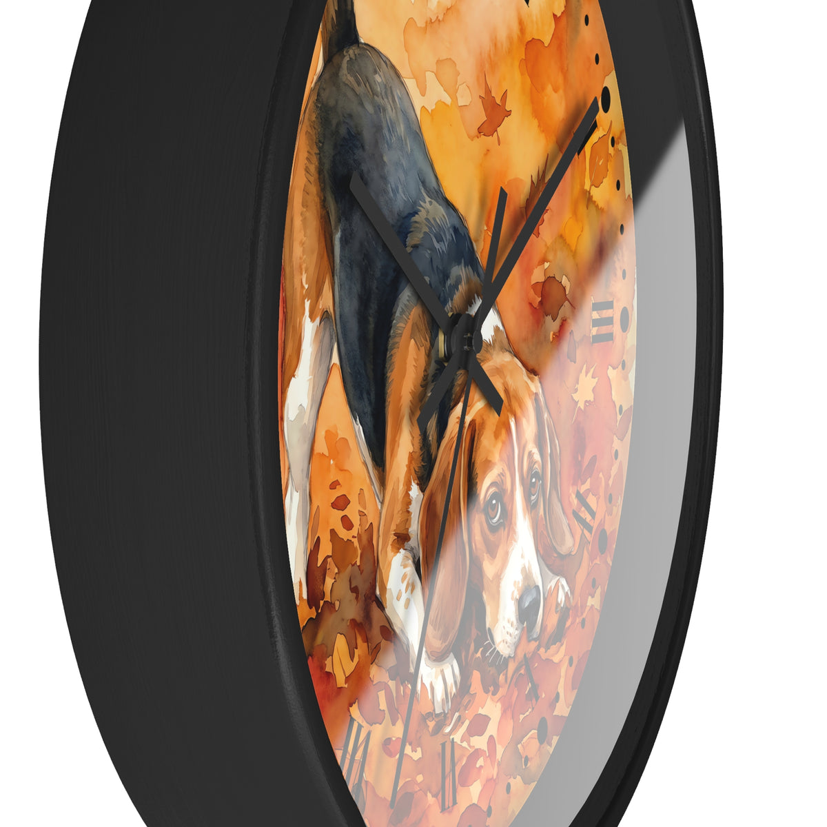 A round wall clock with a black frame and a printed autumn-themed face showing a beagle dog among orange and brown leaves, photographed against a white background.