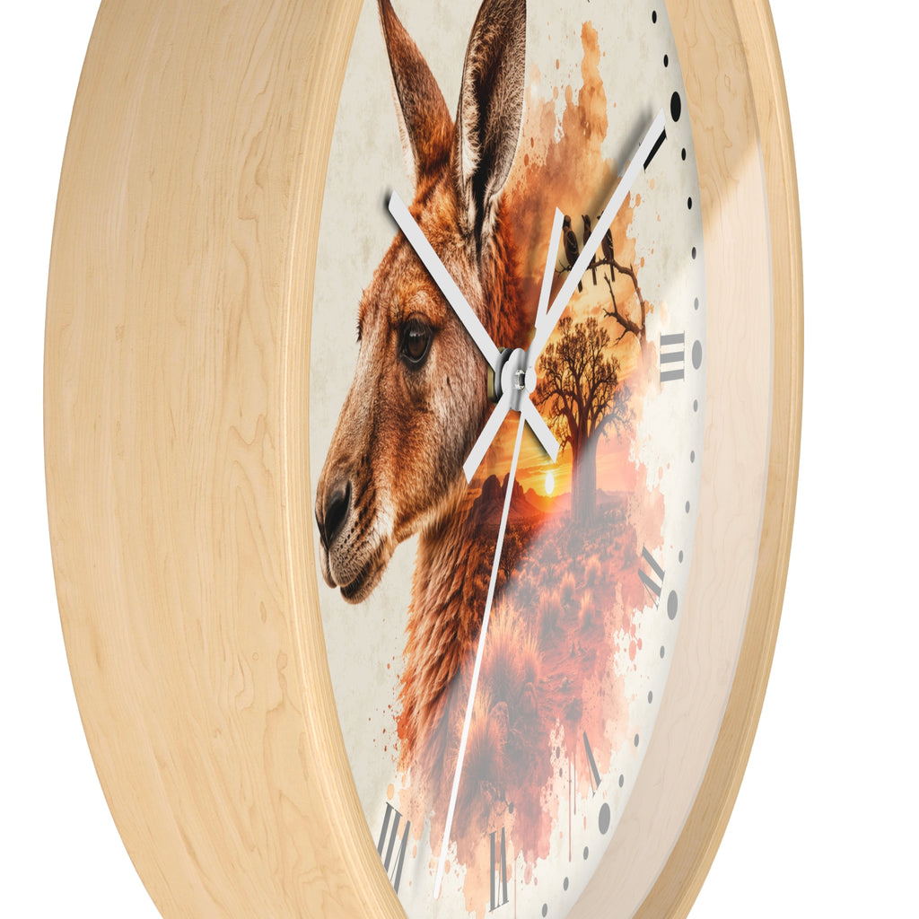 Round wall clock with a light natural wood frame and a printed face featuring a kangaroo portrait over an abstract sunset landscape, with white clock hands and black Roman numerals.