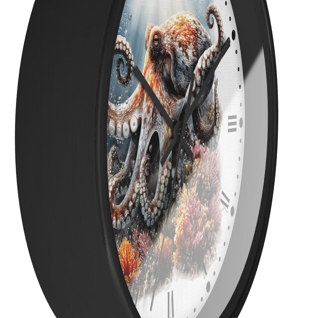 A round wall clock with a black frame and a white face featuring a detailed illustration of an octopus over colorful coral reef scenery.