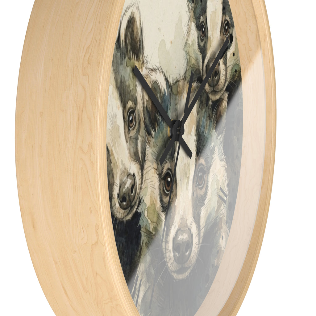 Round wall clock with a light natural wood frame and a printed face featuring close-up portraits of badgers, shown against a plain white background.