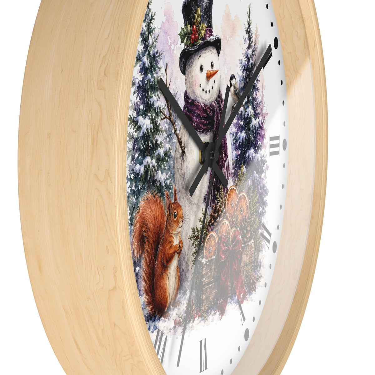 A round wall clock with a light natural wood frame and a white face featuring a winter scene with a snowman, snow squirrel, evergreen trees, and a rustic wooden sign.