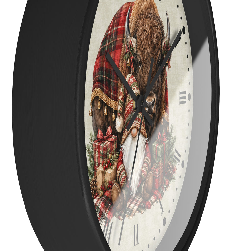 Christmas Buffalo & Gnome Wall Clock – Rustic Holiday Decor