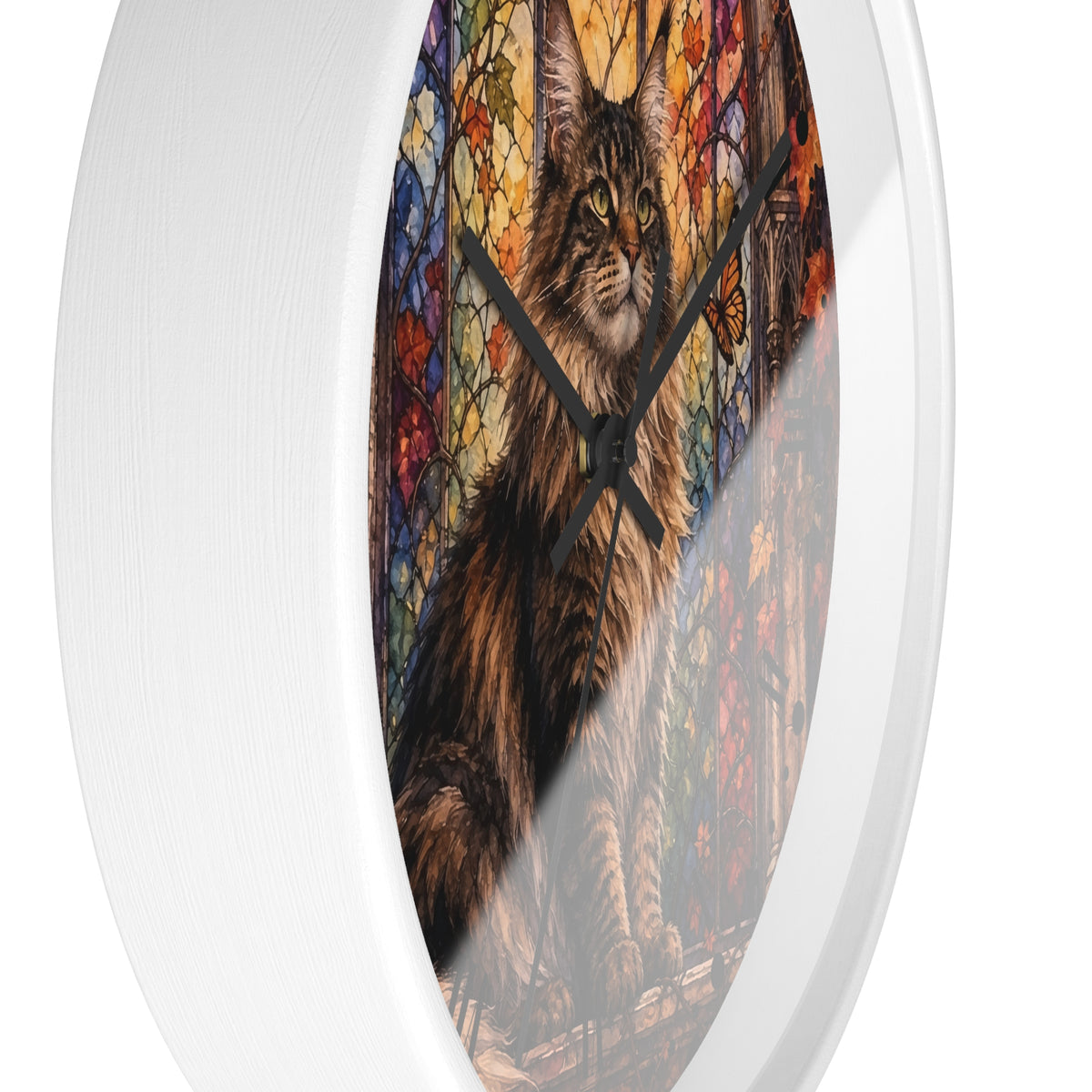 Main Coon Tabby Stained Glass Cat Wood Wall Clock