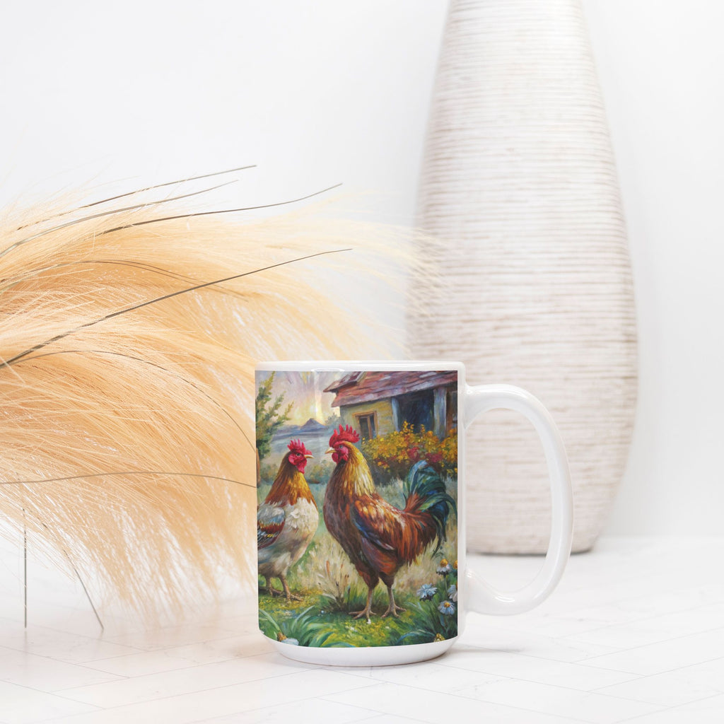 Mug with rooster design on a white surface with decorative elements