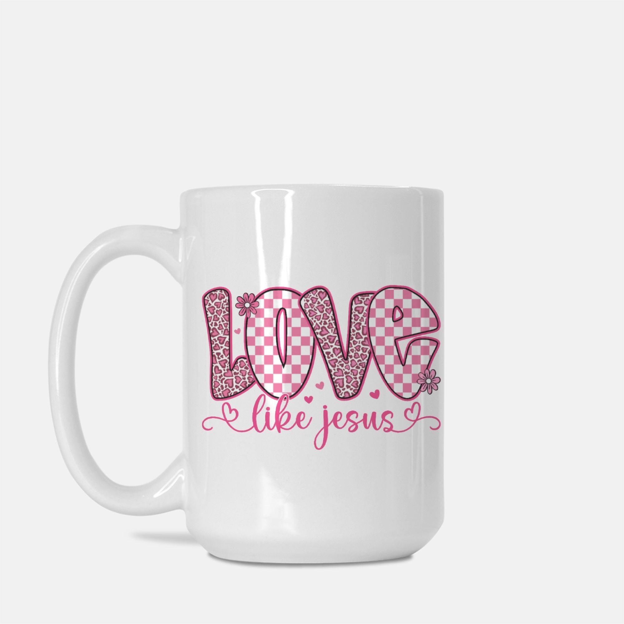 White mug with pink decorative text on a white background