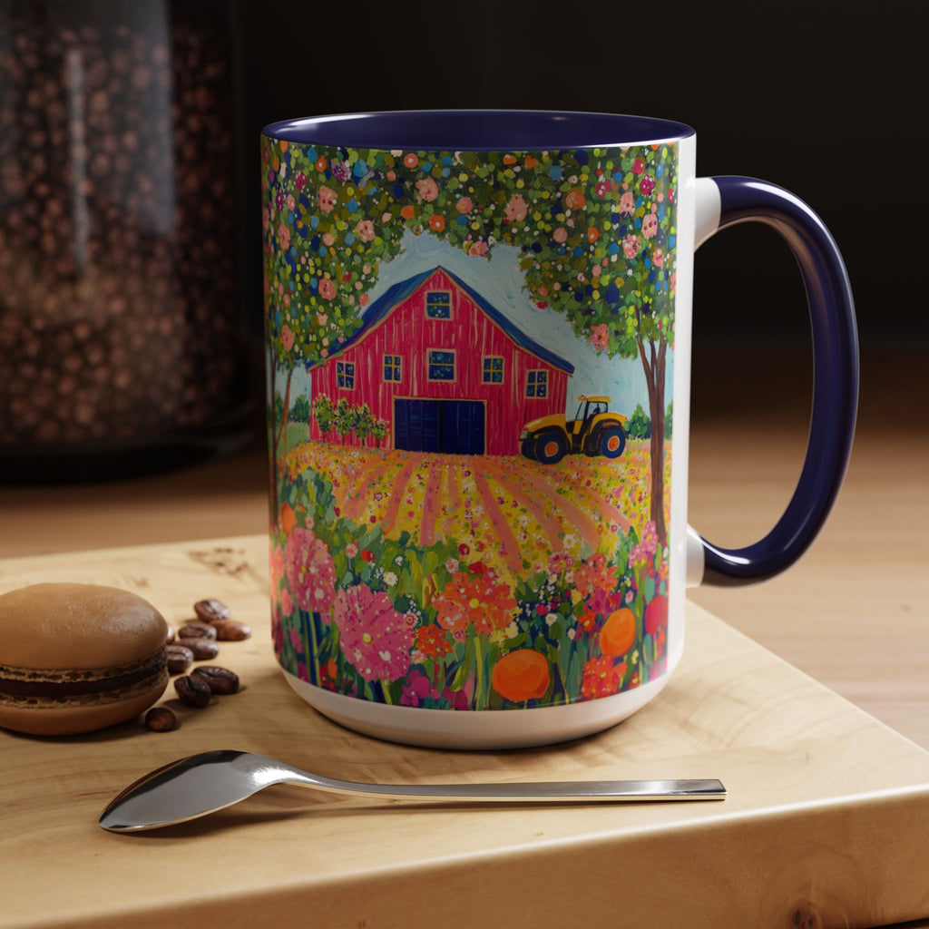 Colorful Navy accent mug with farm scene on a wooden surface with coffee beans and a macaron.