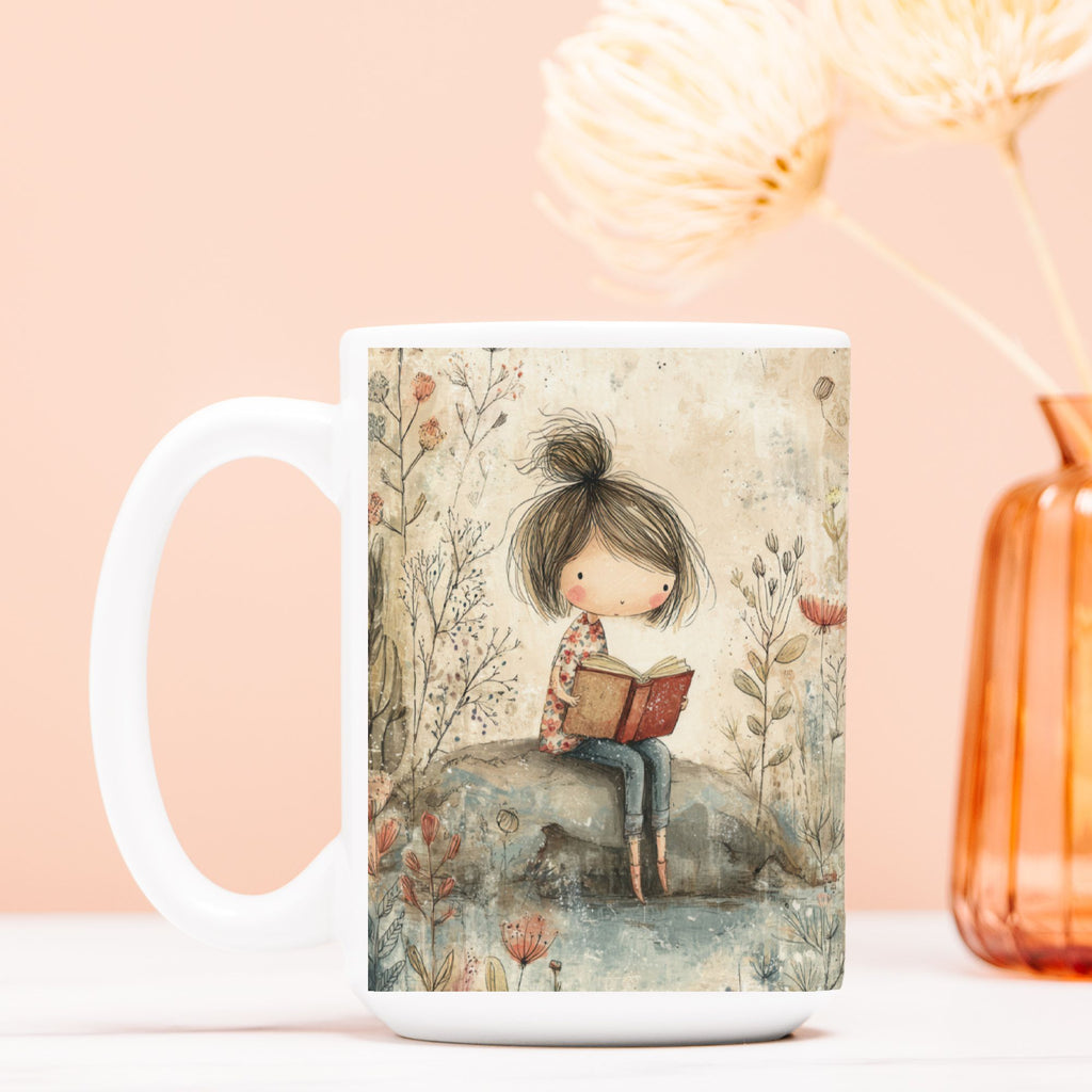 Mug with a design of a girl reading a book in nature, placed on a light surface with a soft pink background.
