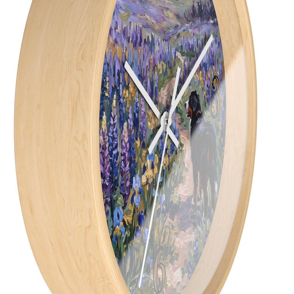 Bernese Mountain Dog On A Lupine Path Wall Clock