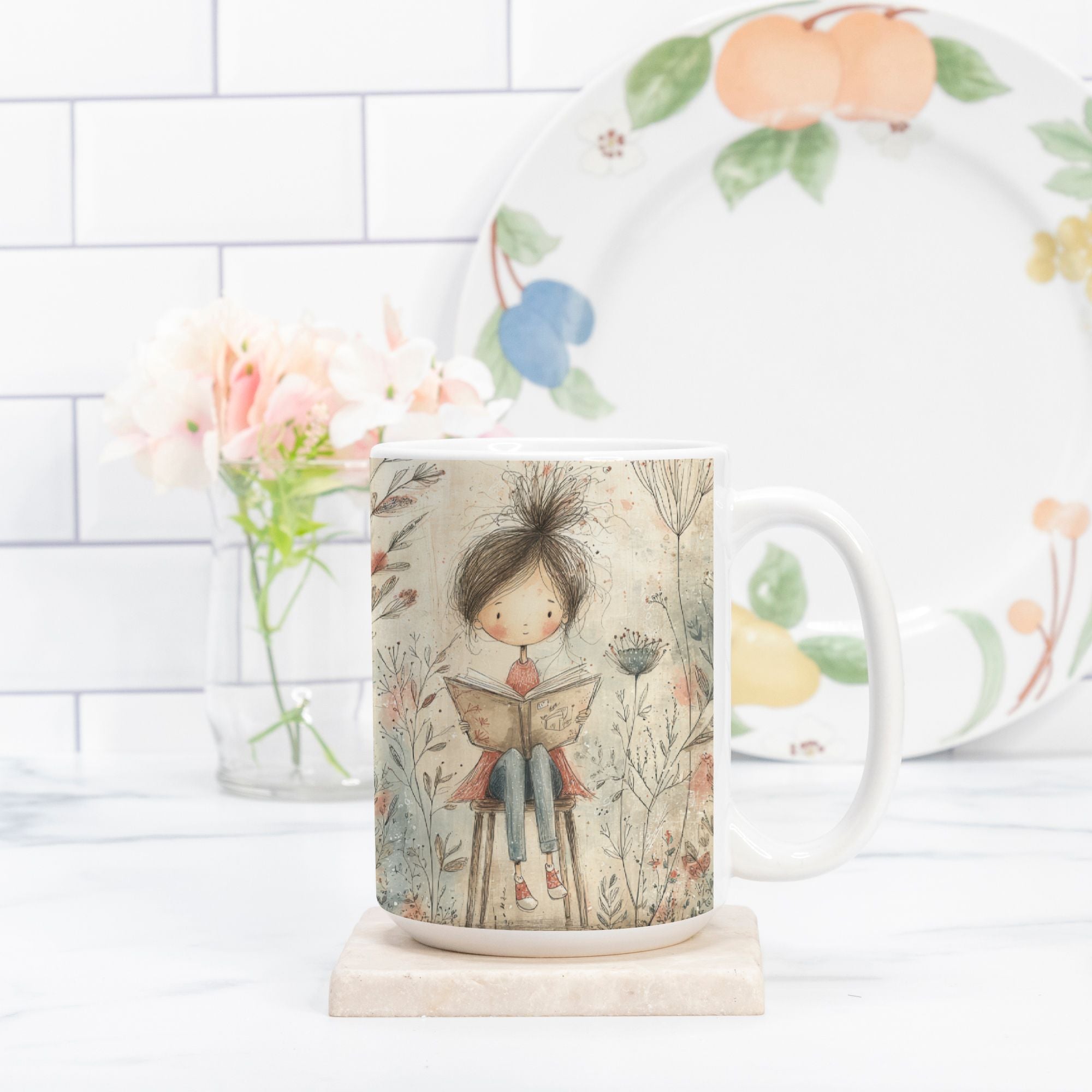 Mug with a design of a girl reading a book in a garden, placed on a marble surface with a blurred background.