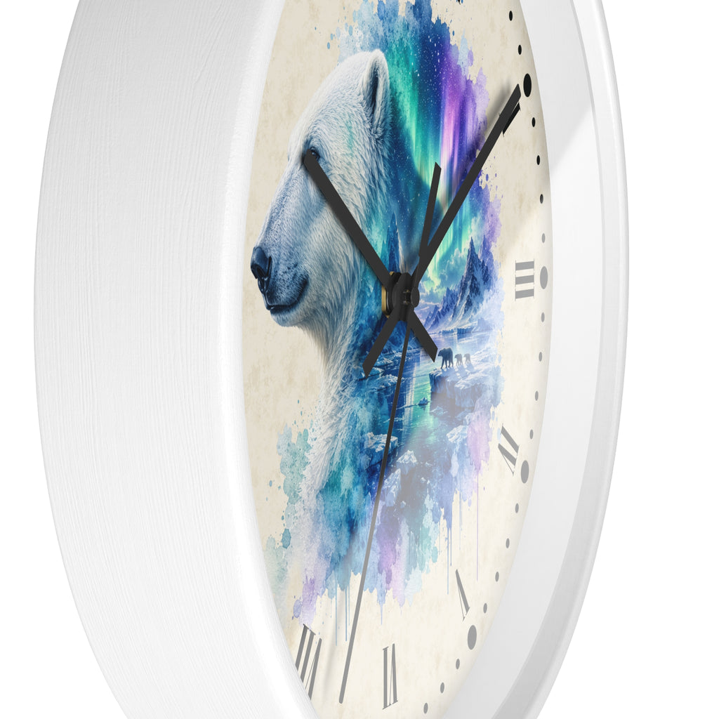 Polar Bear Aurora Layered Portrait Wall Clock — Northern Lights Wildlife Art Decor