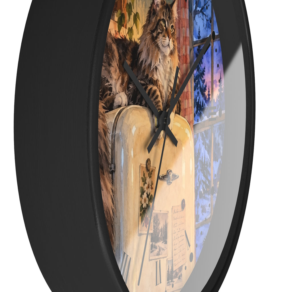 Vintage Main Coon Winter Window Wood Wall Clock