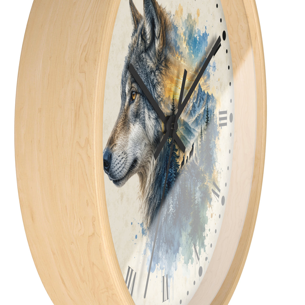 Wolf Mountain Layered Portrait Wall Clock — Rustic Nature Landscape Decor
