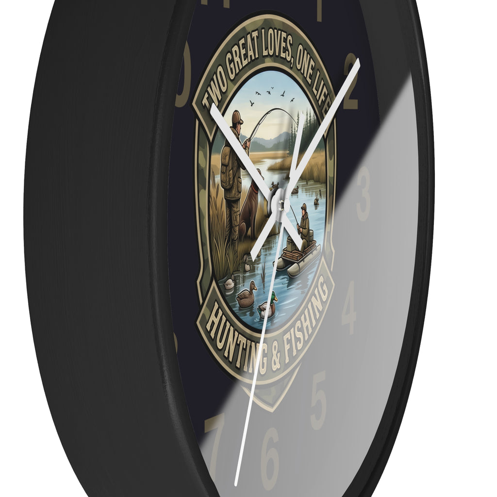 Hunting & Fishing Wall Clock — “Two Great Loves, One Life” Rustic Outdoors Decor