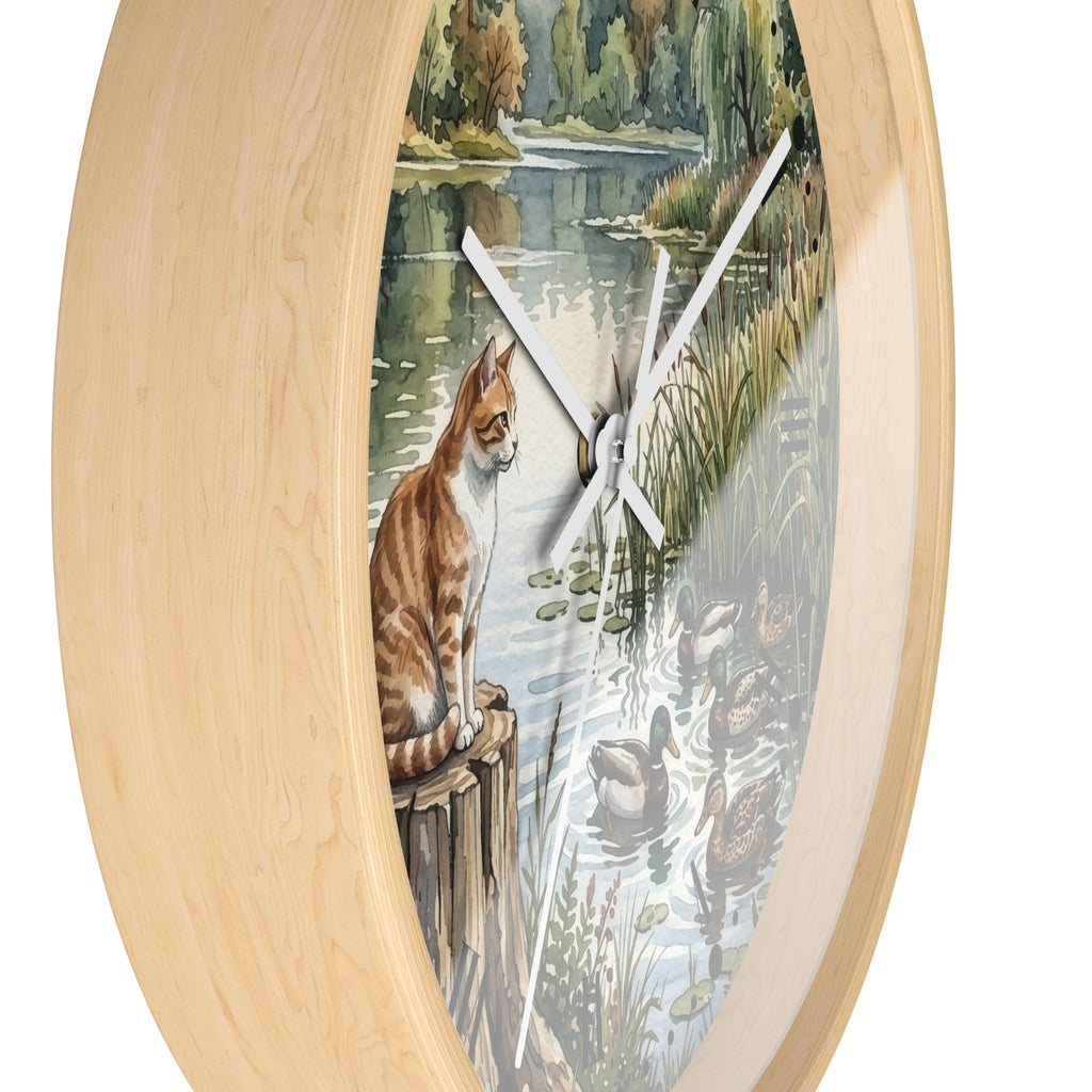 Orange Tabby by the Lake Wall Clock –  Cat & Ducks Scenic Decor