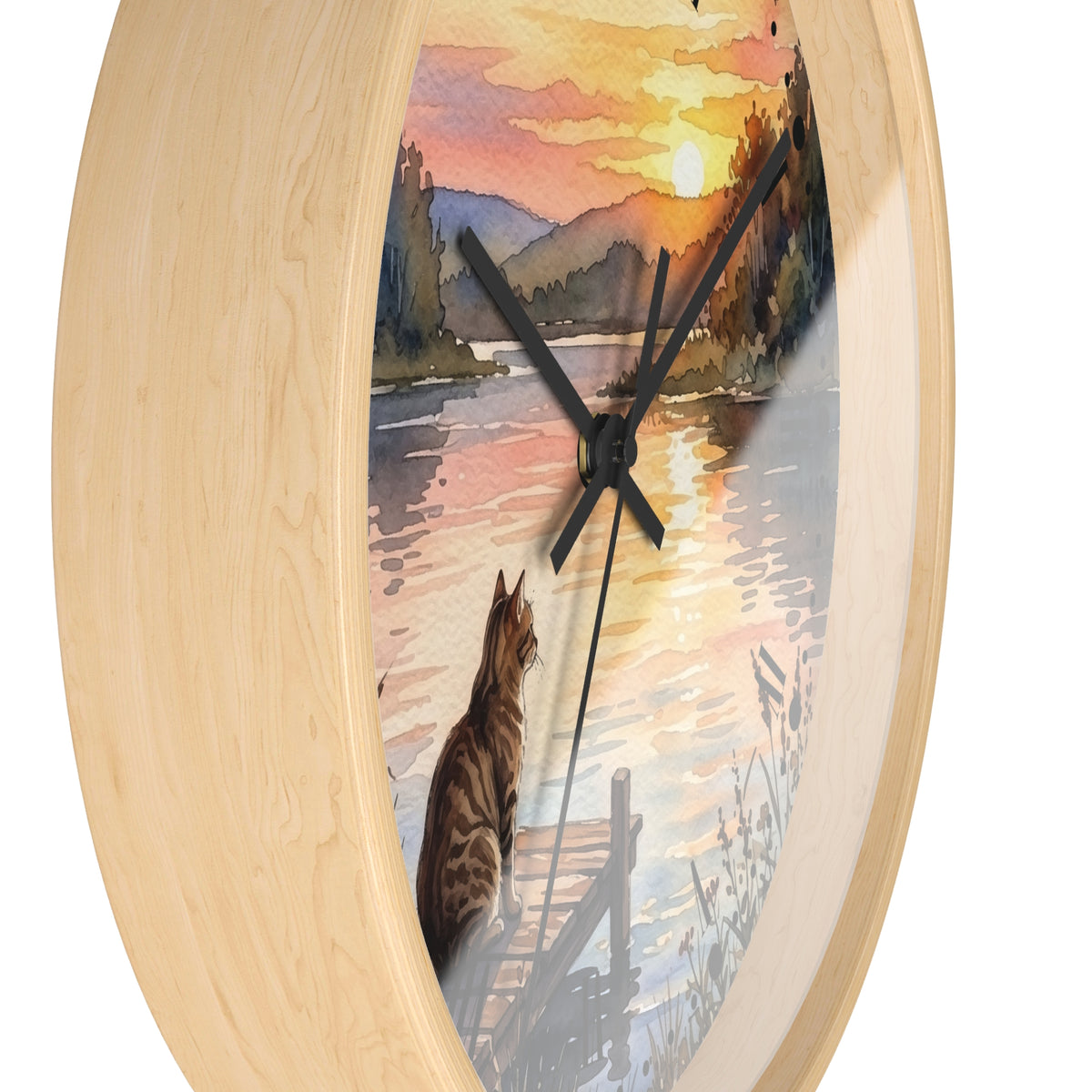 Sunset Lake Tabby Cat Wall Clock — Cat Lover Gift