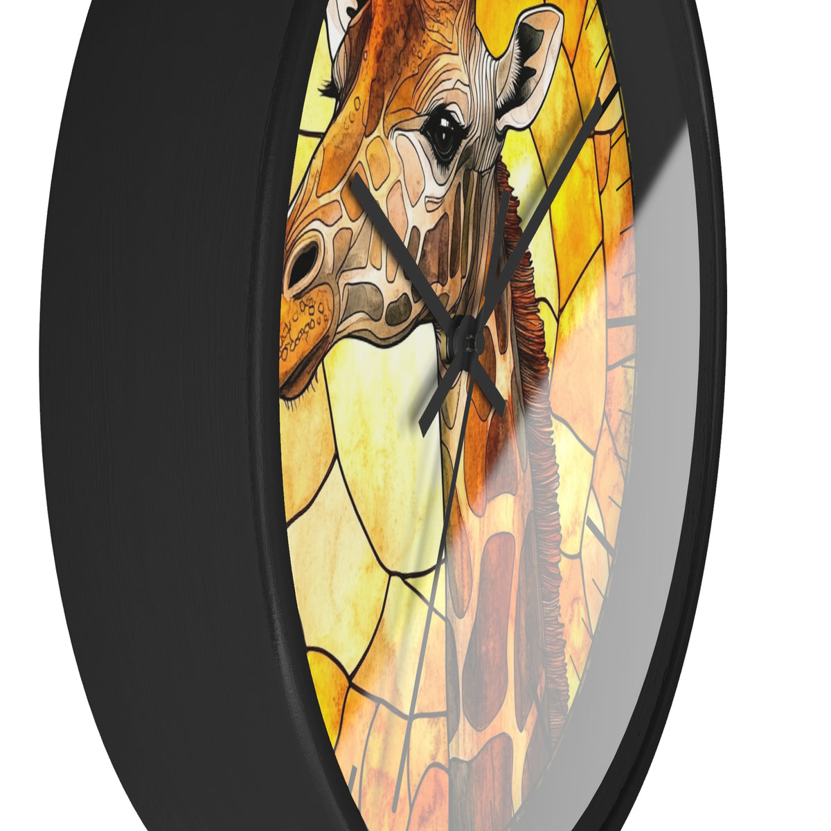 A close-up of a round wall clock with a black frame and a stained-glass-style giraffe illustration in warm yellow, orange, and brown tones.