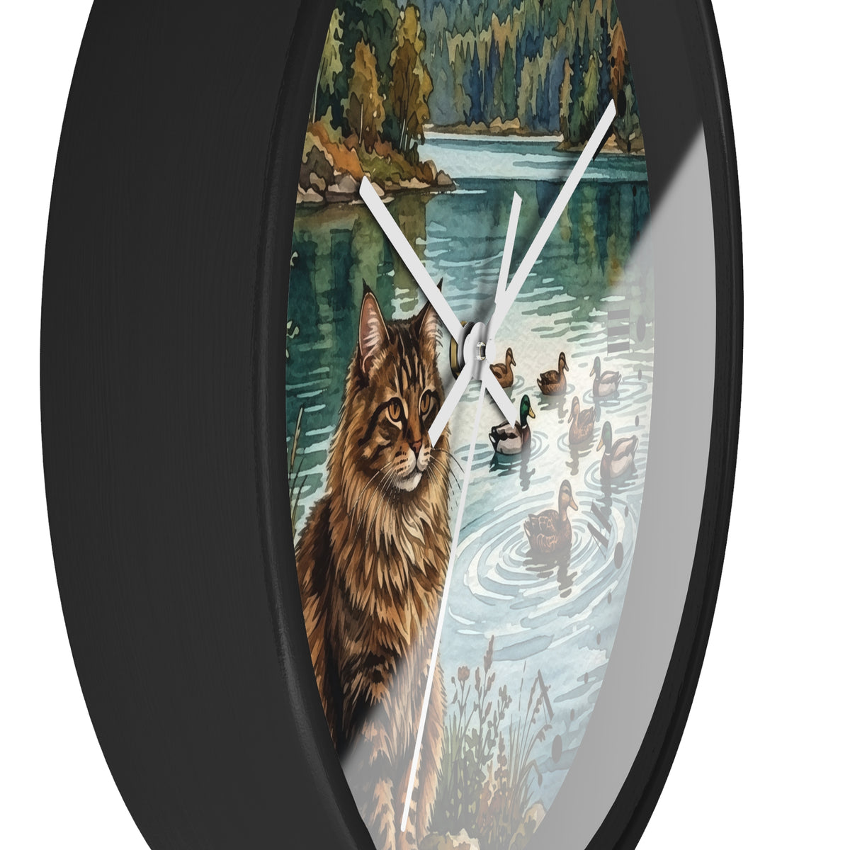 Main Coon Tabby Cat and Ducks by a Peaceful Lakeside Wood Wall Clock