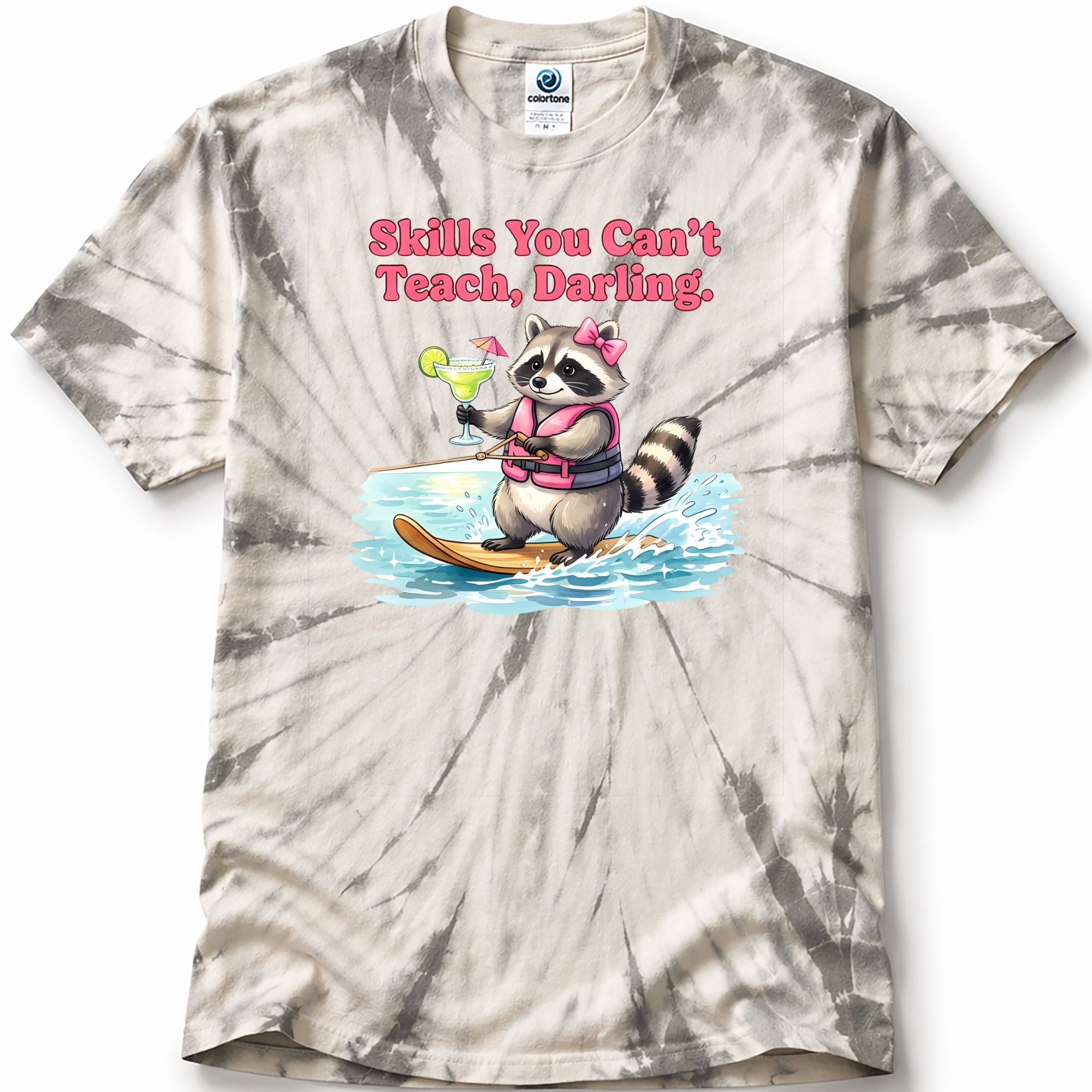 Tie-dye t-shirt with a raccoon graphic and text on a white background